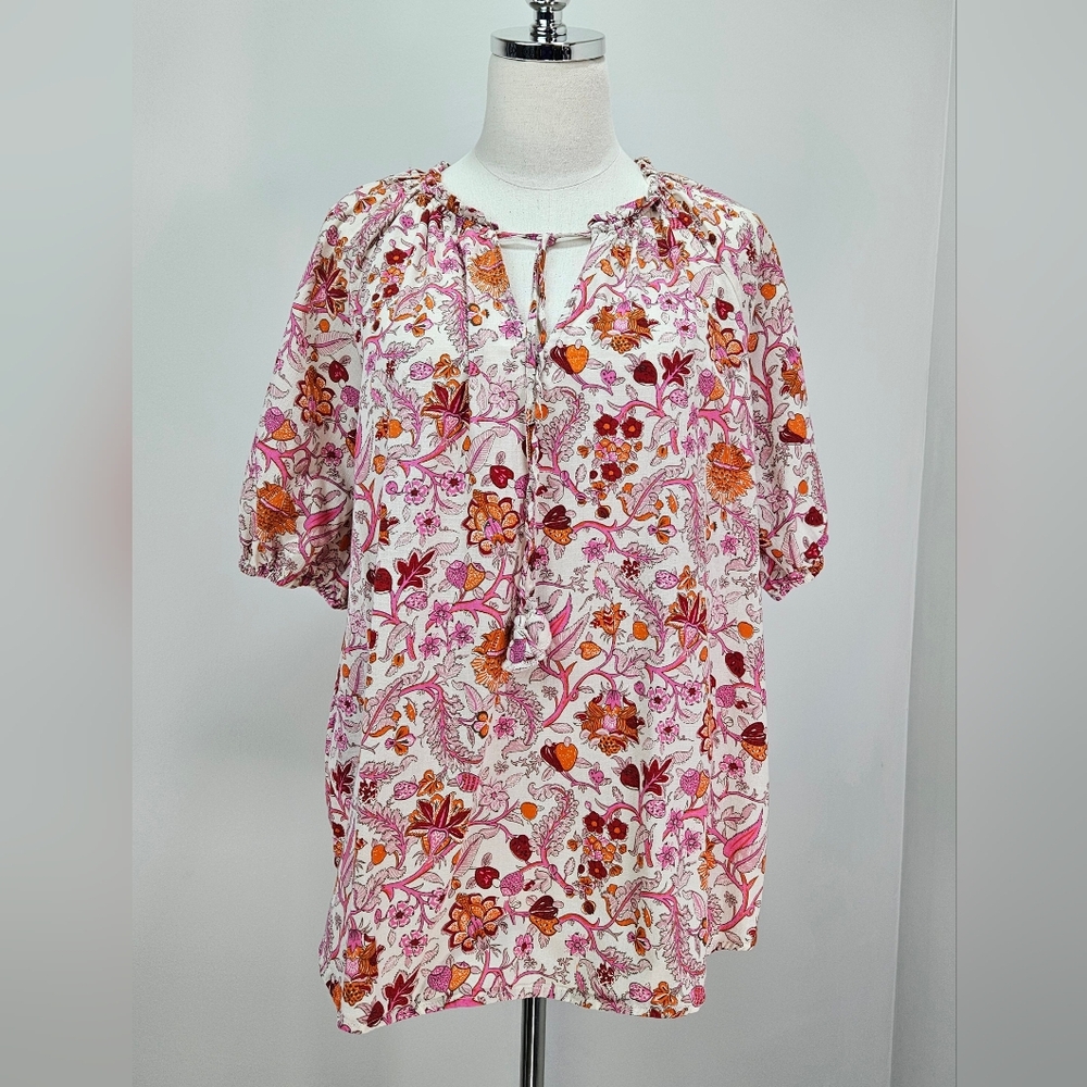 Knox Rose Womens Blouse XLarge Floral Tie‎ Neck Boho Ballon Sleeves